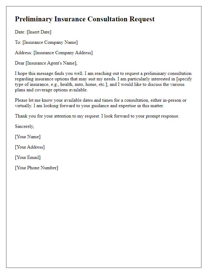 Letter template of preliminary insurance consultation request