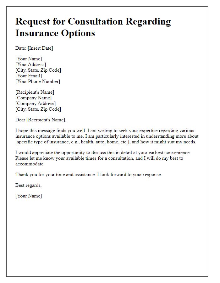 Letter template of seeking consultation regarding insurance options