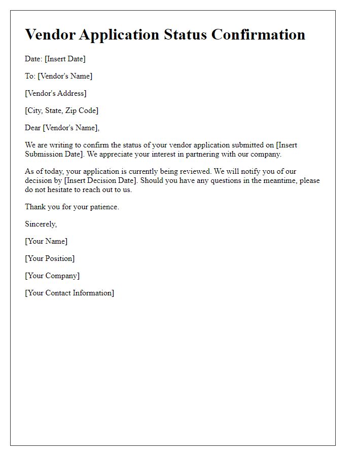 Letter template of confirmation regarding vendor application status