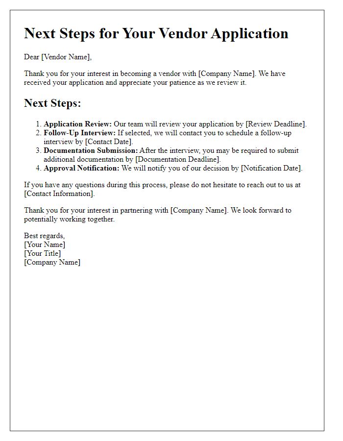 Letter template of next steps for vendor application process