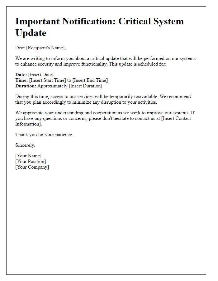 Letter template of critical system update and downtime details