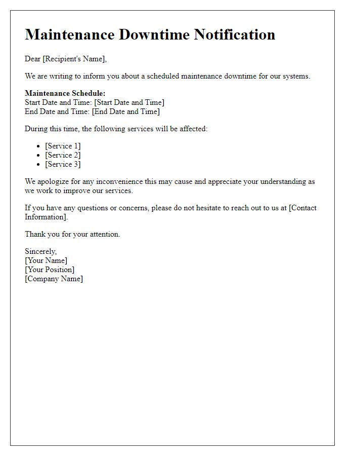 Letter template of maintenance downtime communication