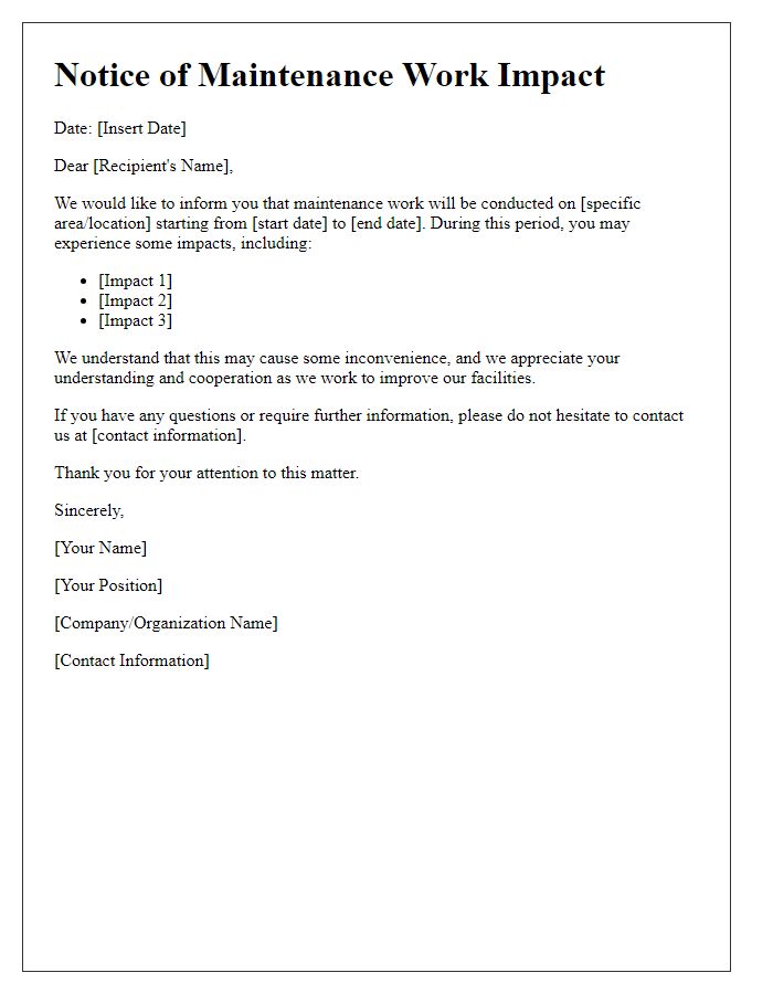 Letter template of maintenance work impact notification