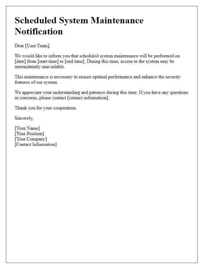 Letter template of scheduled system maintenance notification