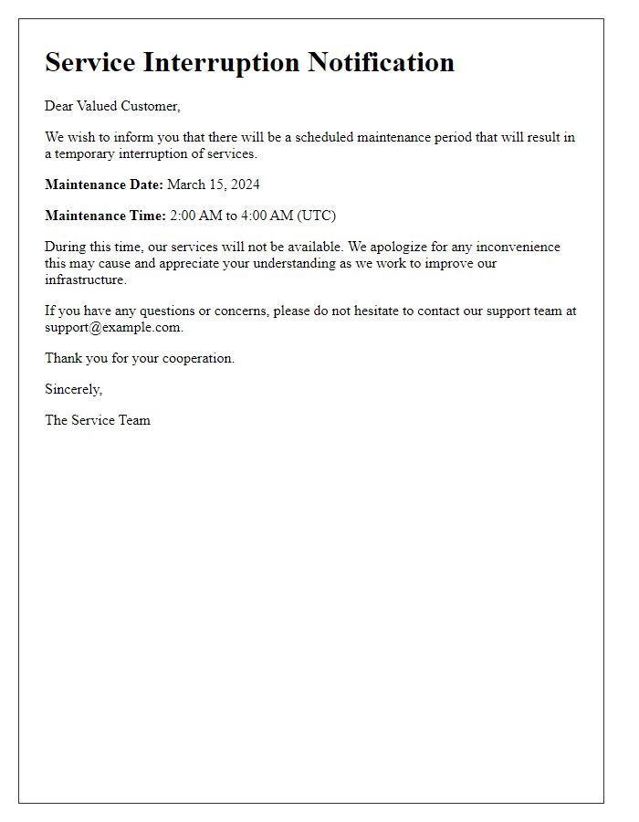 Letter template of service interruption due to maintenance