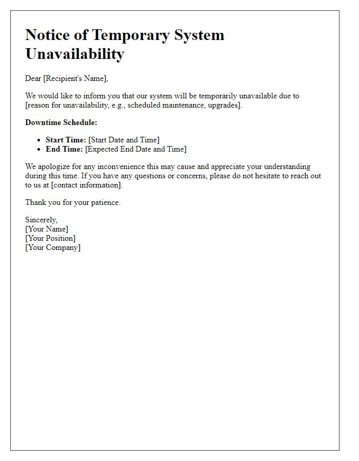 Letter template of temporary system unavailability notice