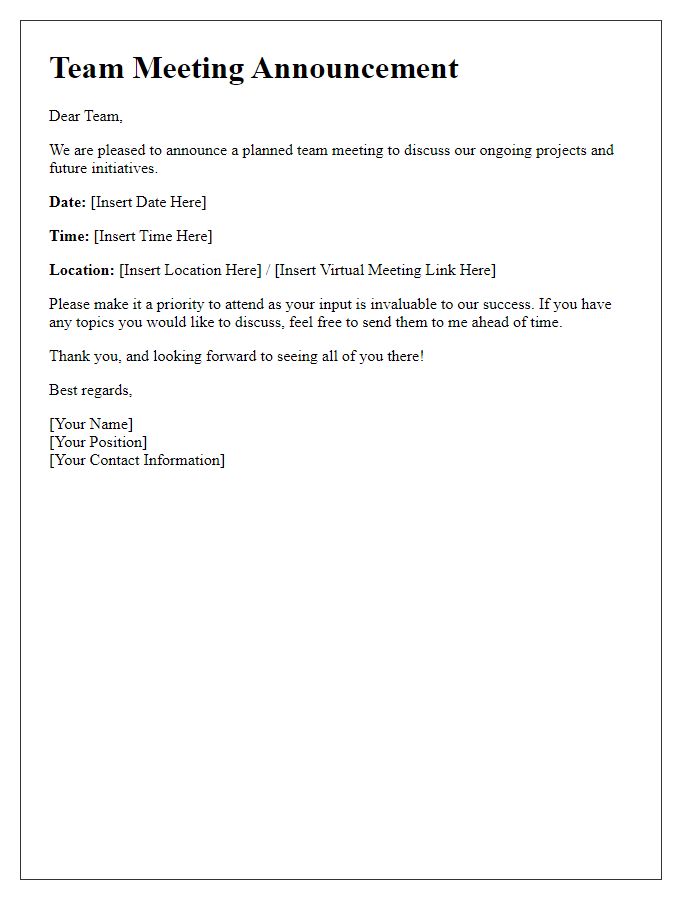 Letter template of announcement for planned team meeting