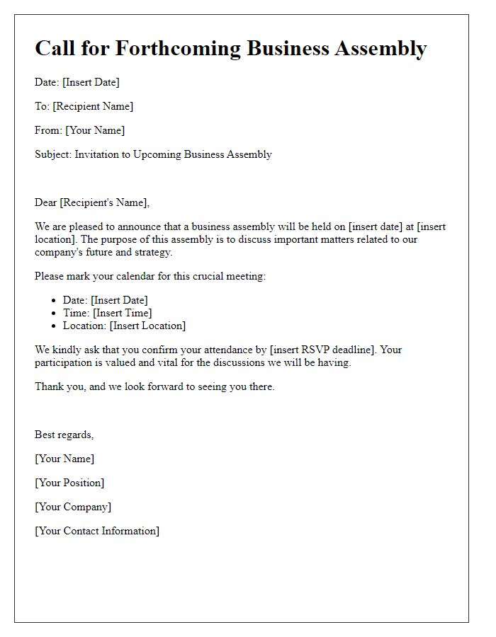 Letter template of call for forthcoming business assembly