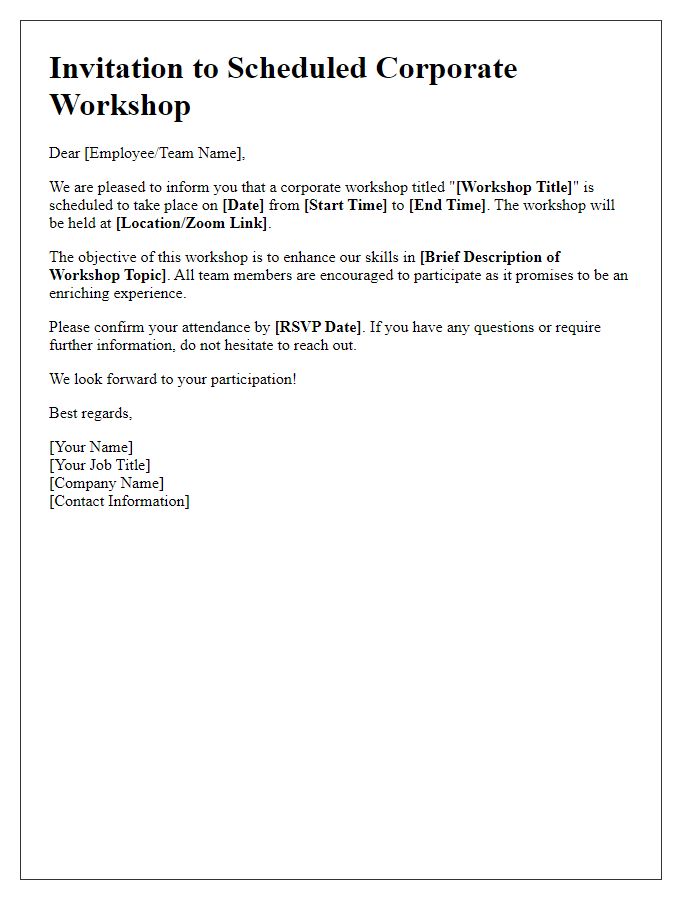 Letter template of communication for scheduled corporate workshop