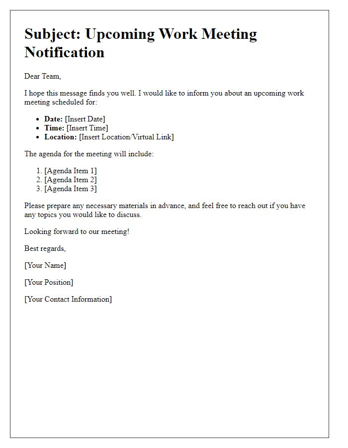 Letter template of information regarding approaching work meeting