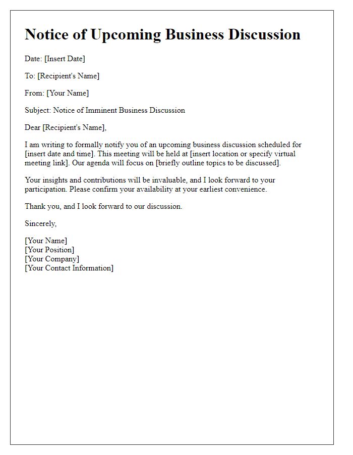 Letter template of notice for imminent business discussion