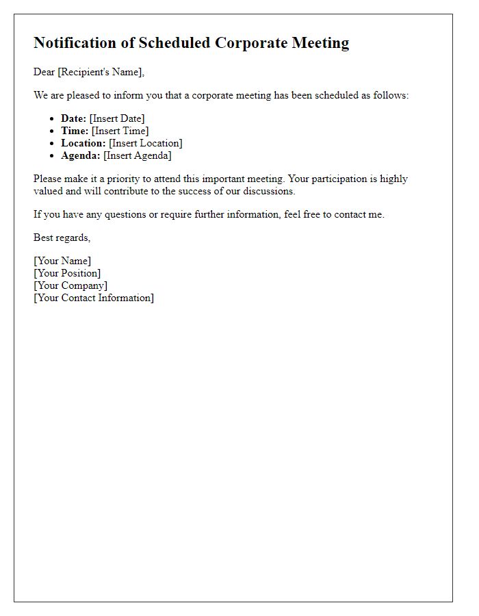 Letter template of notification for scheduled corporate meeting