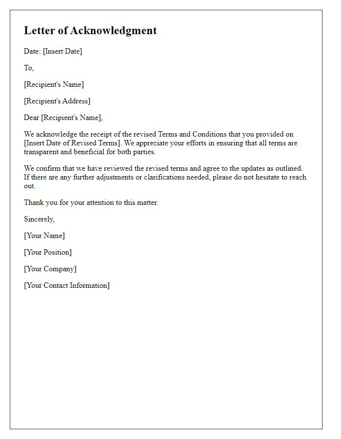 Letter template of Acknowledgment of Revised Terms and Conditions