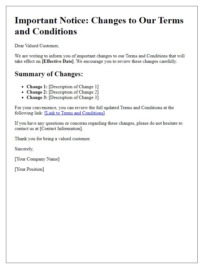 Letter template of Important Changes to Terms and Conditions