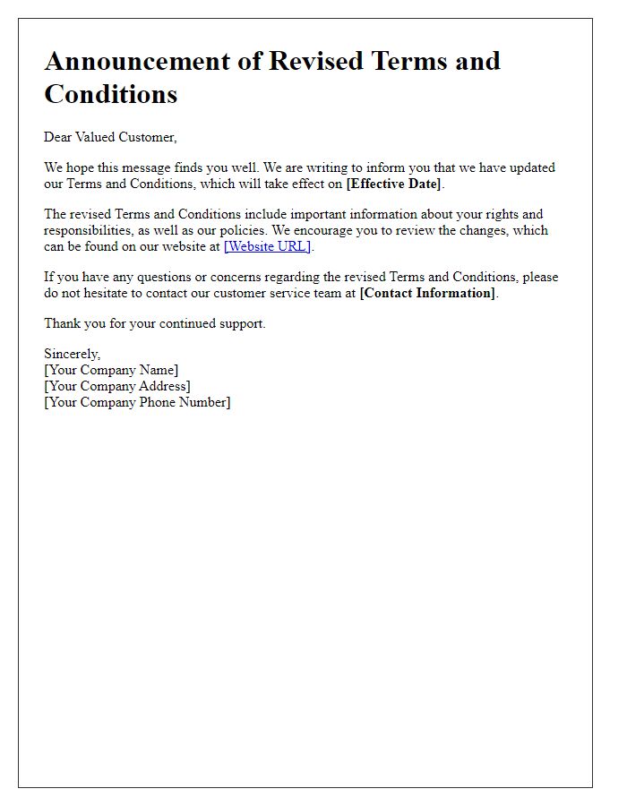 Letter template of Revised Terms and Conditions Announcement