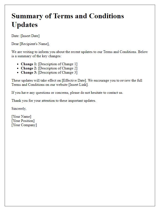 Letter template of Summary of Terms and Conditions Updates