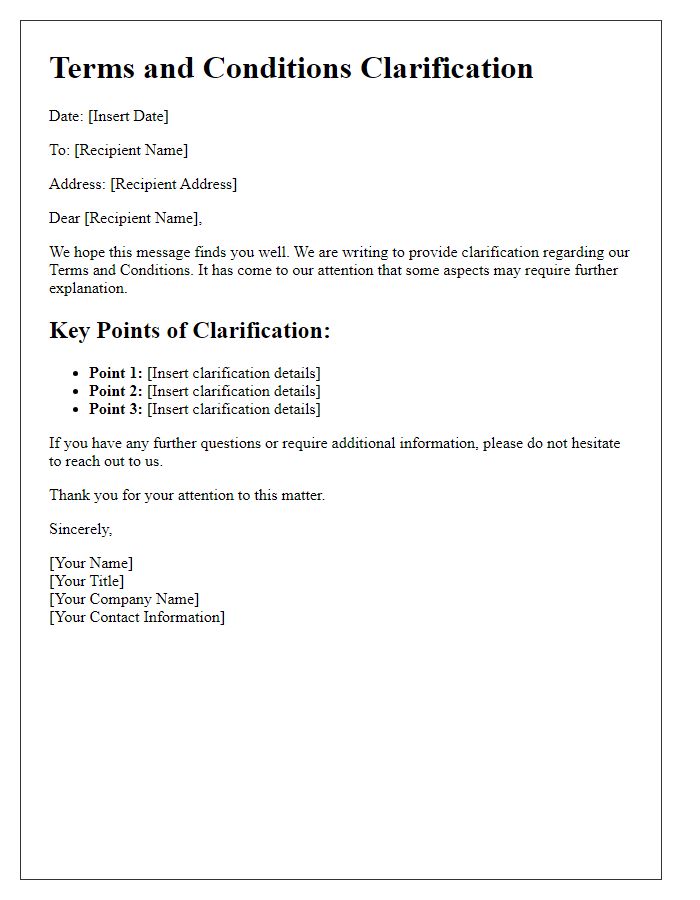 Letter template of Terms and Conditions Clarification