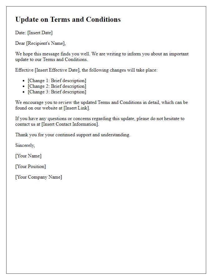Letter template of Update on Terms and Conditions