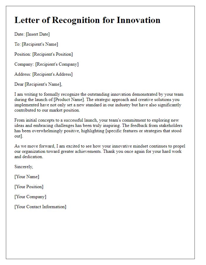 Letter template of recognizing innovation in a successful product launch