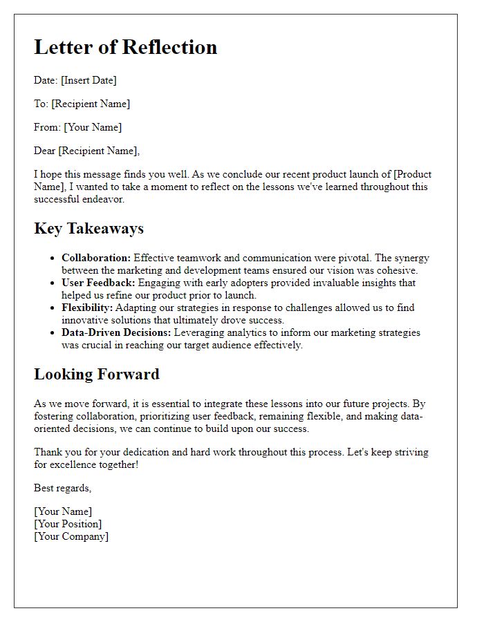 Letter template of reflecting on lessons learned from a successful product launch