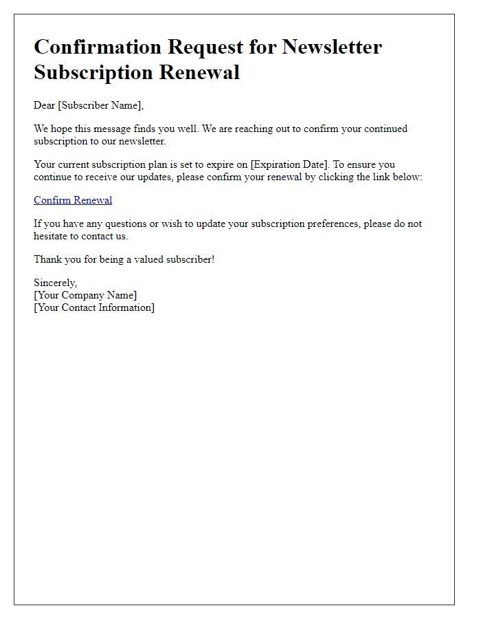 Letter template of confirmation request for newsletter subscription renewal