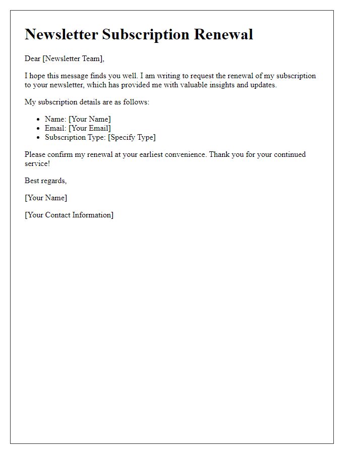 Letter template of renewing my newsletter subscription