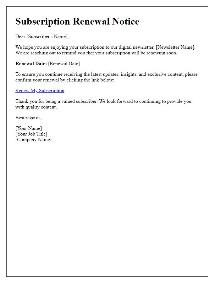 Letter template of subscription renewal for digital newsletter