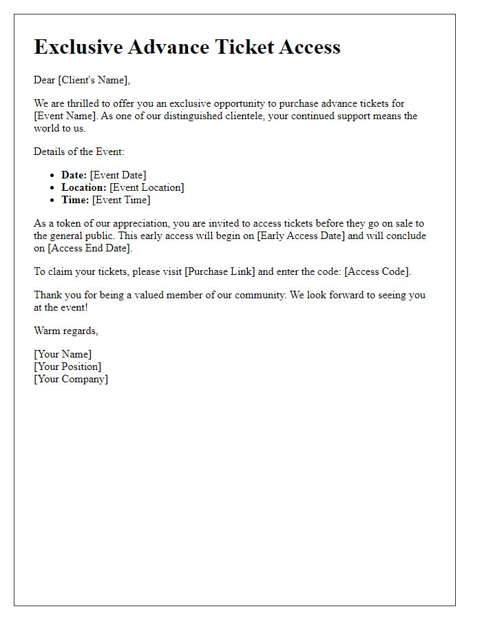 Letter template of advance ticket access for distinguished clientele