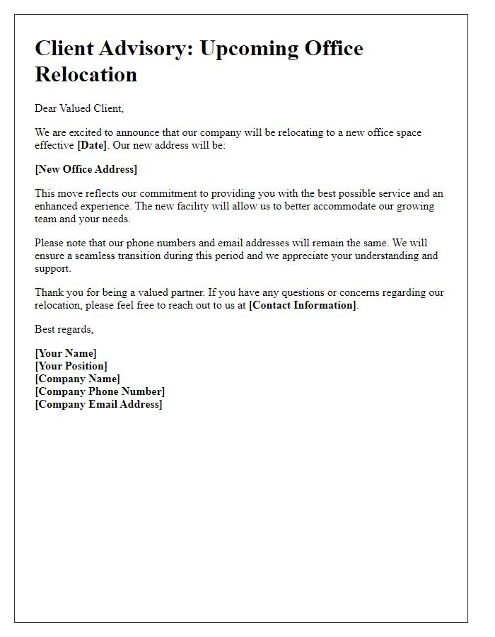 Letter template of client advisory on the upcoming office relocation.