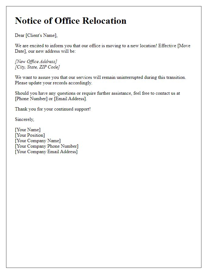 Letter template of client notification regarding office move.