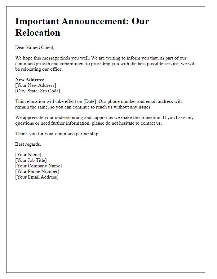 Letter template of communication regarding our relocation to clients.