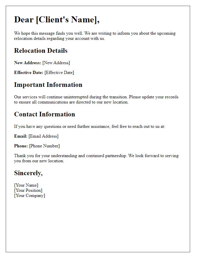 Letter template of relocation details for our esteemed clients.