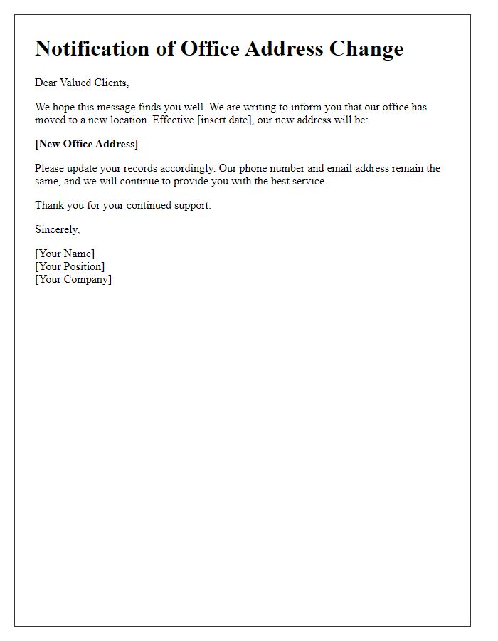 Letter template of update on office address change for clients.