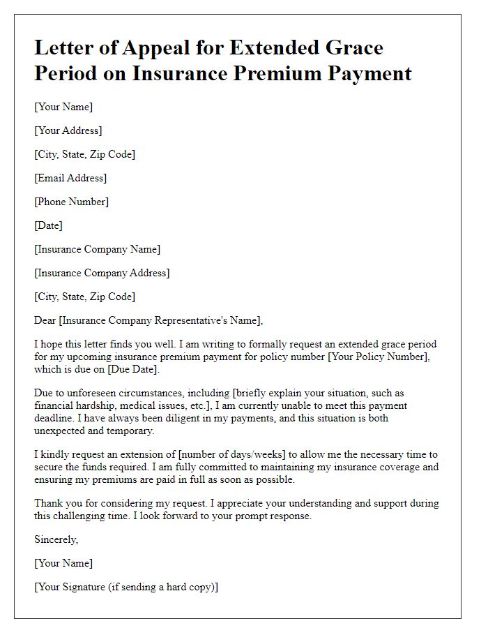 Letter template of appeal for extended grace period on insurance premium payment.