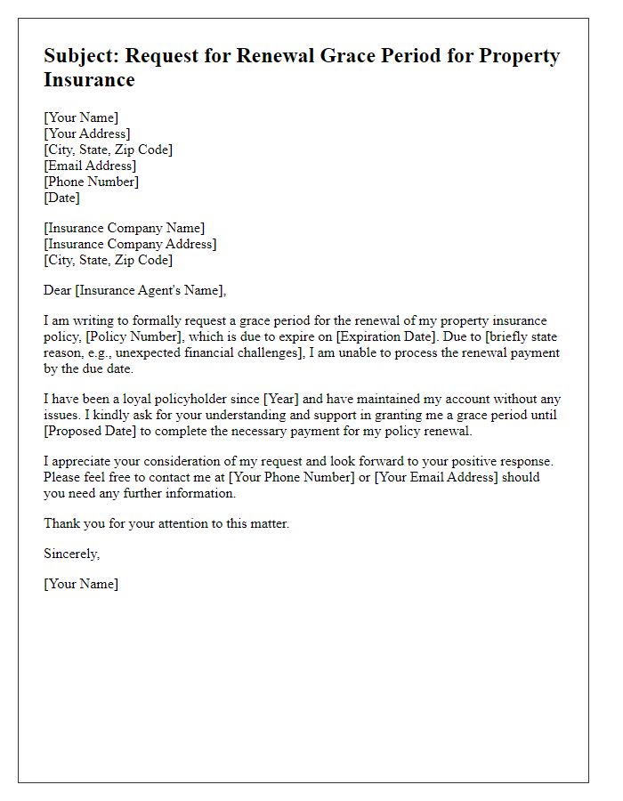 Letter template of submission for renewal grace period request on property insurance.