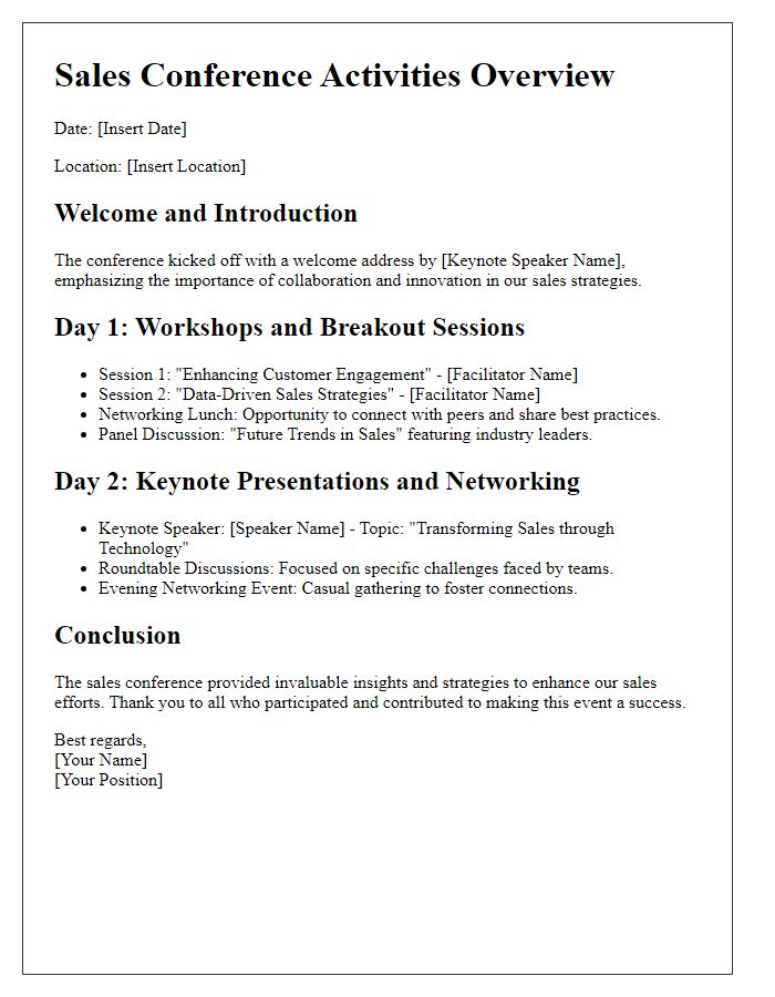 Letter template of detailed overview of sales conference activities