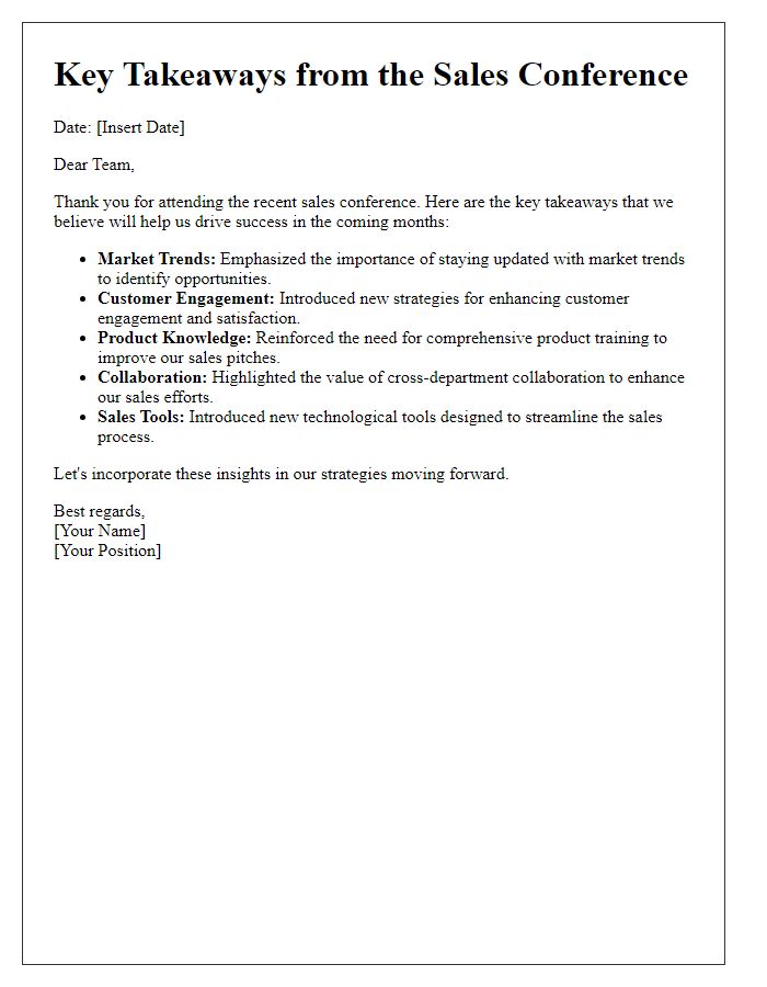 Letter template of key takeaways from the sales conference