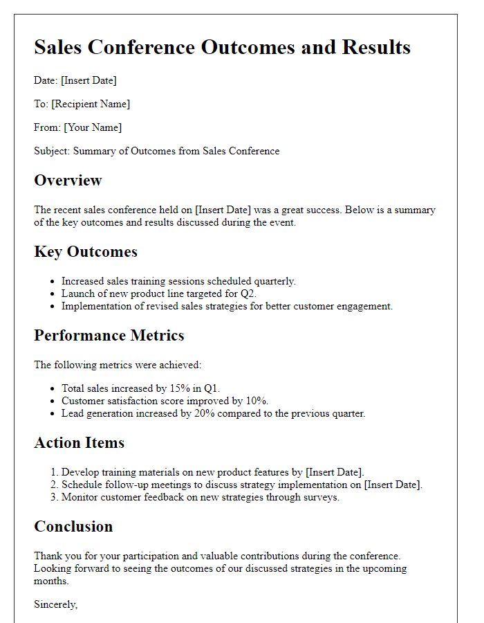 Letter template of outcomes and results from the sales conference