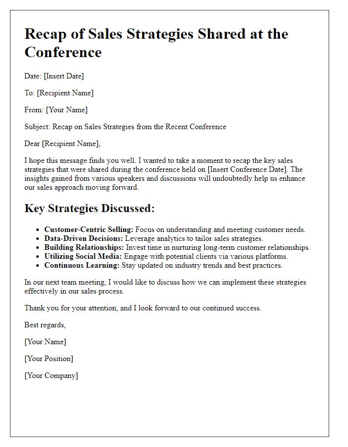 Letter template of recap on sales strategies shared at the conference