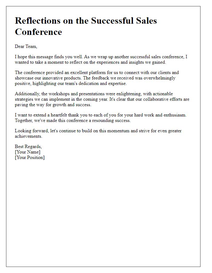 Letter template of reflections on the successful sales conference