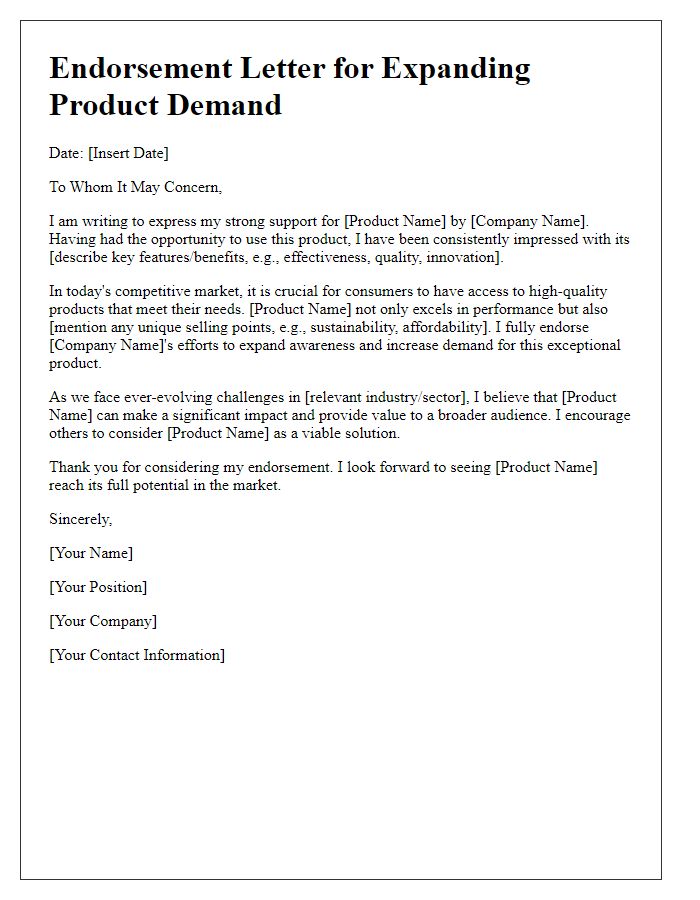 Letter template of Endorsement for Expanding Product Demand