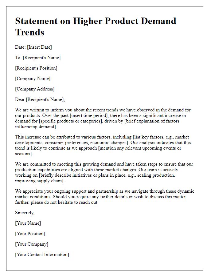 Letter template of Statement on Higher Product Demand Trends