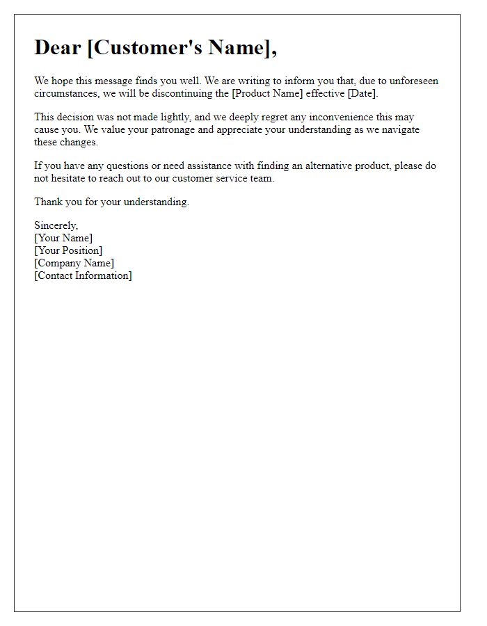 Letter template of regret for a discontinued product notification.