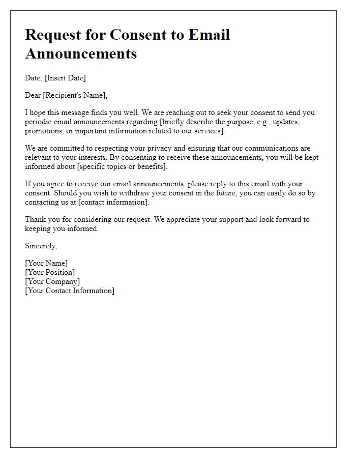 Letter template of appeal for consent to dispatch email announcements.