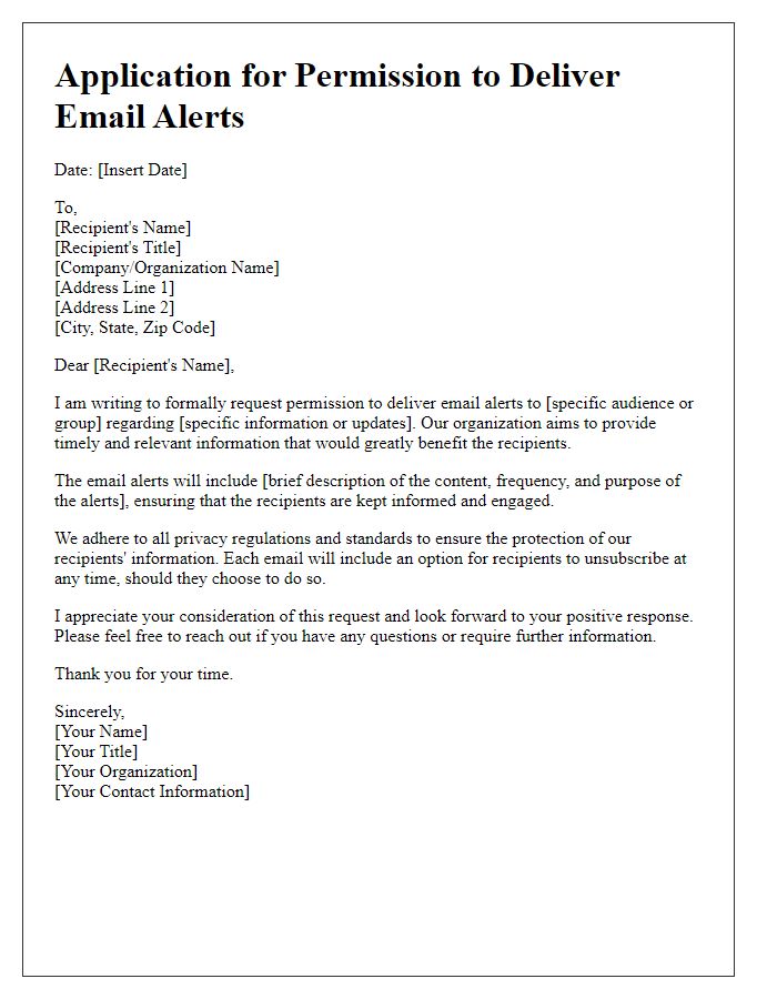 Letter template of application for permission to deliver email alerts.