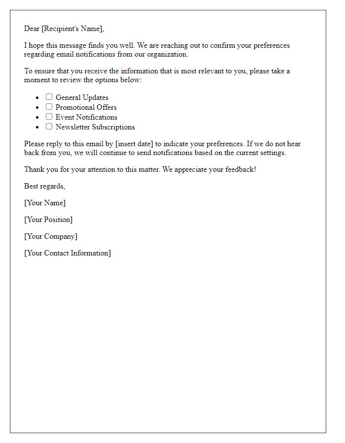 Letter template of communication for agreement on email notification preferences.