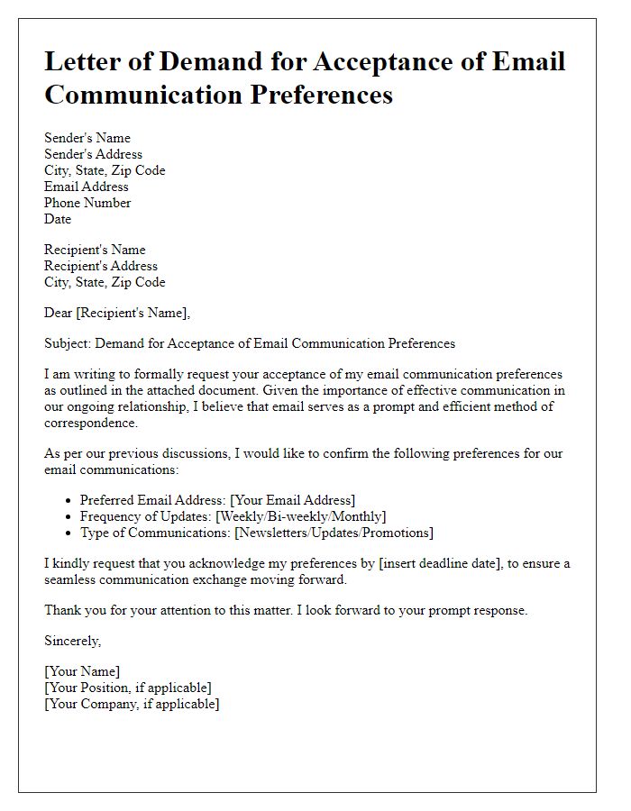 Letter template of demand for acceptance of email communication preferences.