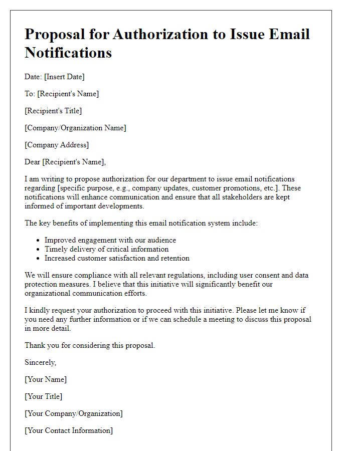 Letter template of proposal for authorization to issue email notifications.