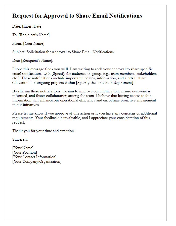 Letter template of solicitation for approval to share email notifications.