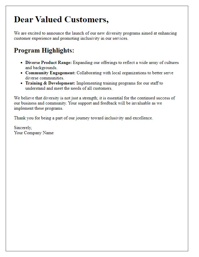 Letter template of Introducing Our New Diversity Programs for Customer Benefit